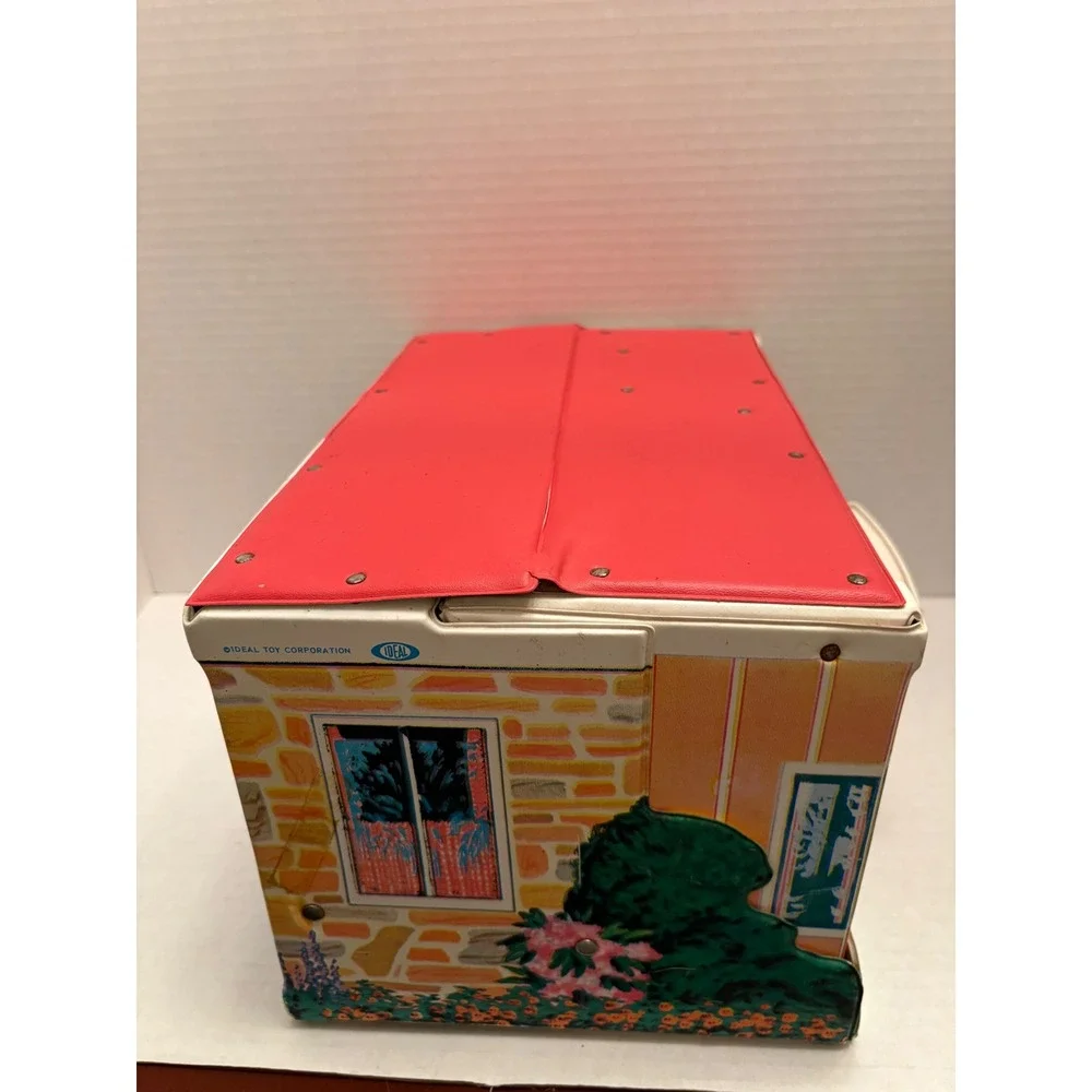 Vintage Ideal Toy Corp Vinyl Doll Case House Graphic Red Roof Blue Door
